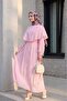Lined Belted Tulle Modal Dress with Cape Detail on the Collar -Pink - 5
