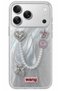 iPhone 17 Pro Max/18 Pro Max Rhinestone Case with Pearl Necklace Detail, Marbling Effect 3D Heart and Motif Charm Cover