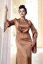 Stone Embroidered Camel Hijab Satin Evening Dress 5337C - 4
