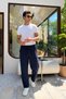 Balve 100% Cotton Baggy Muslin Fabric Men's Navy Blue Trousers Lace-Up Elastic Waist Summer Trousers
