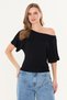 Black Asymmetrical Waist-Fitted 97% Cotton Bat Sleeve Blouse