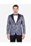 Luxury Navy Blue Gray Paisley Patterned Jacquard Tuxedo Jacket - Slim Fit Special Occasion Jacket with Bow Tie.