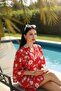 Red Floral Patterned Midi Length Viscose Women's Kimono - 5