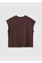 Women's Dark Brown Cotton Blend Short Sleeve Crew Neck Top - 2