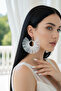 Women's Silver Color Hoop Dangle Earrings – Tulle Fabric Design with Pearls - 8