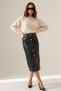 Black Faux Leather High Waist Maxi Skirt with Gold Button Detail on the Front