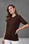 Women's Buttoned Short Sleeve Knitwear Blouse 1415 Brown - 2
