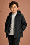 Boy's Black Lined Water and Windproof Hooded Double Zipper Pocket Raincoat - 4
