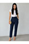 Women's Navy Blue Double-Breasted High-Waist Carrot Pants (100% Viscose) - 2