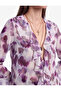 Abstract Patterned V-Neck Long Sleeve Flounce Chiffon Shirt with Lace Detail - 4