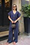 Women's Navy Blue Button Detailed Short Sleeve Shirt Wide Leg Pants Soft Modal Bottom Top Set - 5