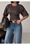 Crew Neck Fitted Waist Brown Polka Dot Cotton Bat Sleeve Blouse Blz99000