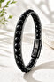 Men's Stainless Steel and Onyx Stone Bracelet Double Row Weave Design Interlocking Stylish Modern Bracelet