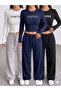 3-Piece Women's Wide-Leg Sweatpants 3-Pack - Black Gray Navy Blue - Comfortable Cut High-Waisted Sweatpants
