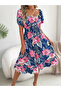 Navy Blue Floral Square Neck Midi Dress
