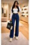 Pull Kadın High Waist Dark Blue Loose Jeans Lycra Denim Trousers - 3