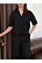 Women's High-Waisted Front-Cut Trousers - Single Pocket Shirt Linen Set - 3