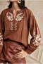 Women's Brown Balloon Sleeve Embroidered Cotton Blouse - 2