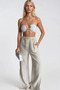 Women's Wide-Leg Slit Trousers with Elastic Waist and Tie Detail