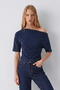 Women's Off-Shoulder Short Sleeve Navy Blue Blouse - 3