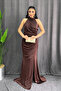 Glittery Fabric Halter Neck Evening Dress -Brown - 2