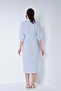 Maternity Elastic Sleeve Shirt Collar Midi Length Linen Dress Light Blue - 8