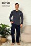 Big Size Men's Pajama Set - Navy Blue Long Sleeve Combed Cotton 1219Uyb - 3