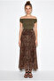 Women's Coffee Green Waist Gathered Detailed Shawl Patterned Lined Chiffon Maxi Skirt 60286245 - 2