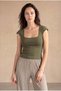 Women's Slim Fit Square Neck 100% Cotton Short Sleeve Olive Crop T-Shirt Dafne