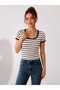 New Season 100% Cotton Women's U-Neck Striped Lace Detailed Casual Stylish Slim Fit T-Shirt - 3