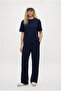 Morena Women's Elix Modal Touch Crew Neck Elastic Waist Pocketed Navy Blue Top and Bottom Set