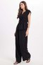 Women's Standard Fit Regular Cut V-Neck Gathered Waist Lace-Up Blouse Wide Leg Black Trousers Set - 3