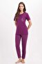 Women's Standard Fit Regular Cut Crew Neck Short Sleeve Printed Purple Pajama Set