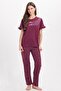Women's regular fit classic cut 100% cotton ruffle detailed short sleeve printed plum pajama set