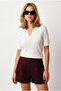 Women's Ecru Viscose Polo Collar Openwork Draped Knitwear Blouse Blz-19003363 - 2
