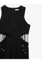 Linen Viscose Blended Sleeveless Crew Neck Windowpane Detailed Beaded Tassel Long Dress - 7