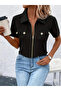 Women's Short Sleeve Jacket Collar Front Zipper Pocket Detail Short Sleeve Imported Crepe Blouse - 5