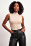 Women's Stand Collar Beige Sleeveless Blouse - 2