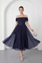 Women's Navy Blue Boat Neck Glittery Midi Graduation Evening Dress
