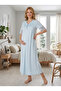 New Season Blue Short Sleeve Lace Design Buttoned Summer 100% Cotton Maternity Nightgown - 7