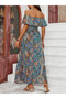 Women's Short Sleeve Madonna Collar Ruffled Waist Slit Maxi Single Jersey Dress - 5
