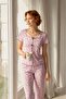 Lilac Floral Patterned Boat Neck Buttonless Twill Fabric Bow Detail Cotton Short Sleeve Pajama Set - 6