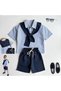 Collar Detailed Blue and White Striped Shirt and Muslin Fabric Lace-Up Shorts (Three Pieces) - 4