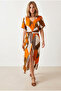 Women's Orange Ecru Buttoned Belted Maxi Viscose Shirt Dress Elb-19002382 - 4