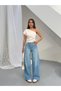 Women's Stoned Baggy Jean High Waist Wide Leg Pants Light Blue Front and Back Stoned Pants - 6