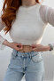 Women's White Crew Neck Stoned Tulle Crop Blouse Jf26 - 3