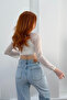 Women's White Crew Neck Stoned Tulle Crop Blouse Jf26 - 4