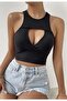 Black Ribbed Low-Cut Crop Blouse - 2
