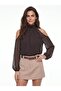 Bitter Brown Chiffon High Neck Draped Form Polka Dot Patterned Off-The-Shoulder Gathered Detailed Blouse - 2