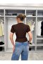 Women's Brown Sleeve Detailed Covered Buttoned Jacket - 4